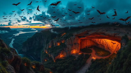 Sunset over a cave with flying bats in the background. Vivid colors.の写真素材