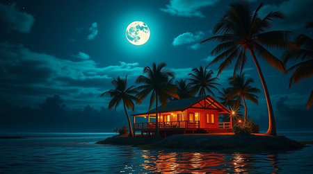 House on a tropical island in the ocean at night. 3d renderの写真素材