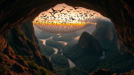 Sunset in a cave with birds flying in the sky. 3d renderingの写真素材