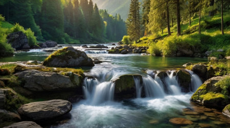 Mountain river in the Carpathian mountains, Ukraine. Long exposureの写真素材