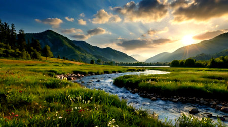 Sunset over the mountain river in the Altai Republic, Russiaの写真素材