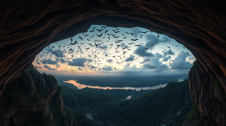 Beautiful view of a cave with birds flying in the sky.の写真素材