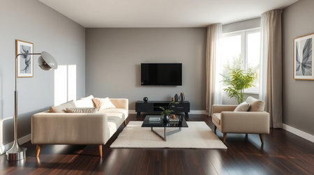 Interior of modern living room with white walls, wooden floor, beige sofa and tv. 3d rendering