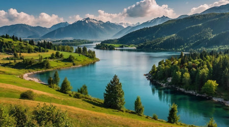 Panoramic view of the alpine lake in Bavaria, Germanyの写真素材