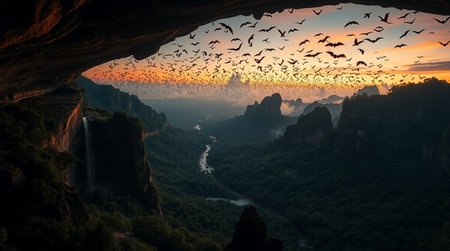 Beautiful sunset in the cave with birds flying in the sky.の写真素材