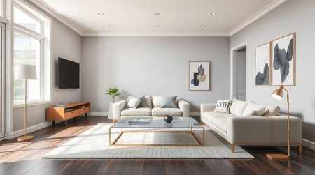 Interior of modern living room with white walls, wooden floor and brown sofa 3d rendering