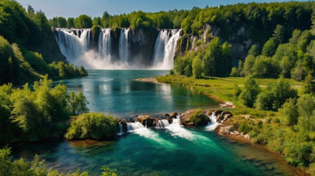 Aerial view of waterfall in Plitvice Lakes National Park, Croatiaの写真素材