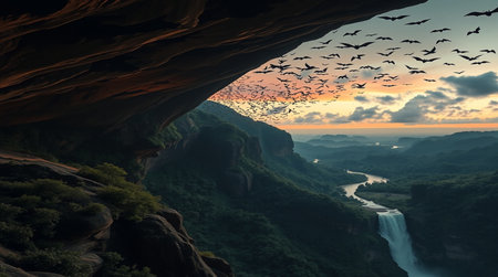 Landscape view of river and cliff with birds flying in the skyの写真素材