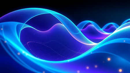 3D illustration of abstract blue and purple background with waves and particles