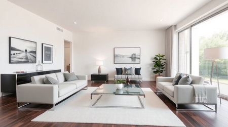 Interior of modern house, living room with sofa and coffee tableの写真素材