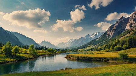 Panoramic view of the mountain river in the valley. Summer landscape.の写真素材