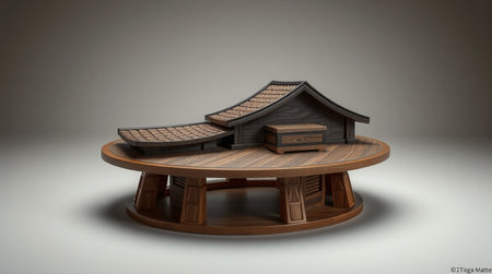 3d rendering of a wooden table with a house.の写真素材