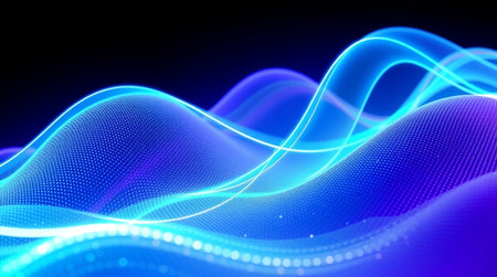 3d render, abstract blue background with glowing particles, lines and waves