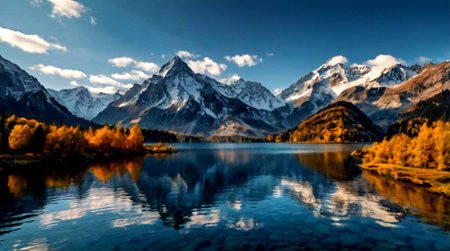 Beautiful alpine lake in the autumn. Mirroring mountains.の写真素材