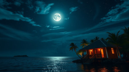 House in the sea at night with full moon. 3D renderingの写真素材