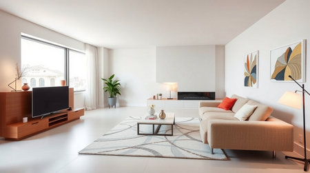 Interior of a modern living room with white walls, tiled floor and comfortable sofaの写真素材
