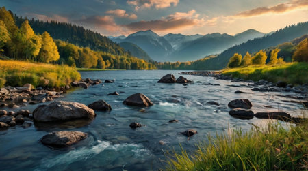 Panoramic view of the mountain river in the Carpathian mountains.の写真素材