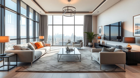 Modern living room with panoramic window and city view. 3D Rendering