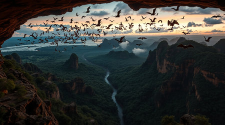 Flock of birds flying over the river at sunset, Zhangjiajie National Park, Hunan Province, Chinaの写真素材