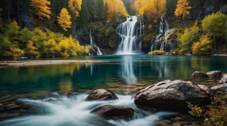 Autumn landscape with a waterfall in the mountains. The concept of active and photo tourismの写真素材