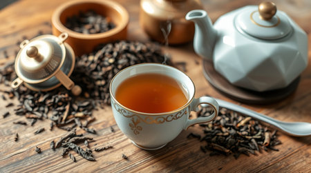 Cup of tea and teapot on wooden table, closeupの写真素材