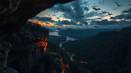 Sunset in the cave with birds flying over the river and mountainsの写真素材