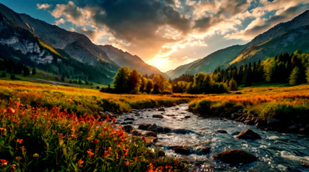 Mountain river in the mountains at sunset. Beautiful summer landscape.の写真素材
