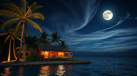 tropical house in the middle of the ocean at night with full moonの写真素材