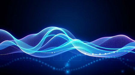 Abstract blue wave with particles. Futuristic technology style. Vector illustration.