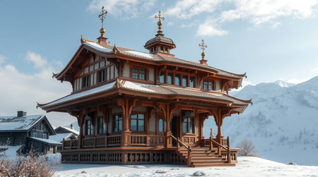Traditional wooden house in the mountains. Bukovel, Ukraine.の写真素材