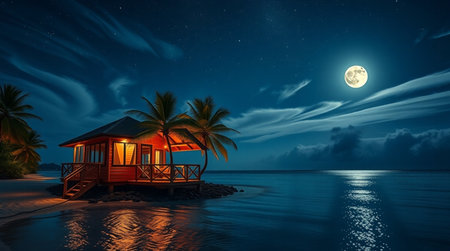 tropical house on the beach at night with full moon in the skyの写真素材