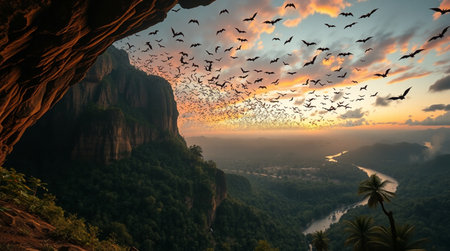 Beautiful landscape of sandstone cave with birds flying in the skyの写真素材