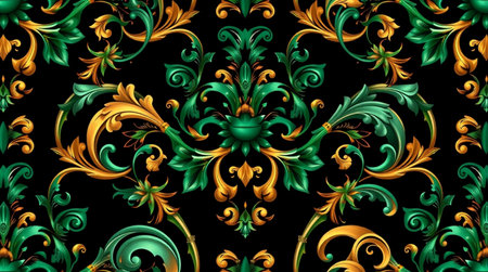 Seamless baroque pattern with gold and green elements.