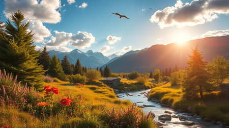 Mountain landscape with wildflowers and alpine stream at sunset.