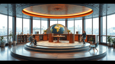 3D rendering of a hotel lobby with a round table and chairs