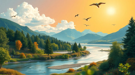 Beautiful autumn landscape with mountains, river and forest at sunset.