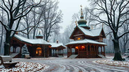 Wooden gazebo in winter park, Moscow. Russiaの写真素材
