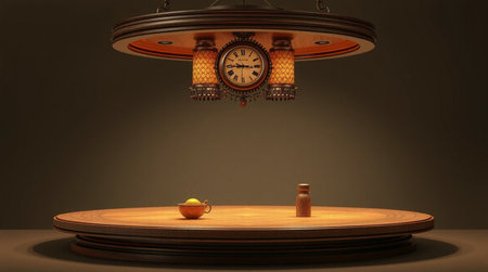3d rendering of a stage with a clock and an orange ball