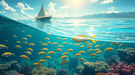 Underwater view of the coral reef with fish and sailboat.