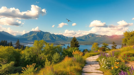 Panoramic view of a lake in Queenstown, New Zealandの写真素材