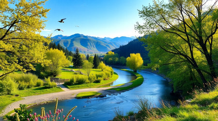 Beautiful spring landscape with a river and mountains in the background.の写真素材