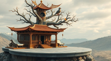 3d render of a Chinese temple with a tree and a birdの写真素材