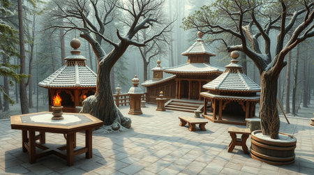 Chinese temple in the forest, 3d rendering. Computer digital drawing.の写真素材