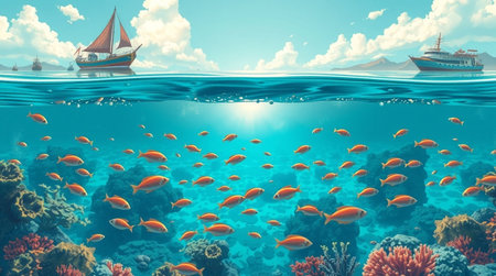 Underwater scene with coral reef and ship. 3d illustration.の写真素材