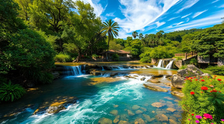 Beautiful waterfall in tropical forest. Panoramic view of waterfall and river.