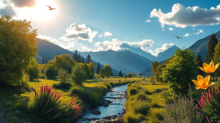 Beautiful spring landscape with a river and mountains in the background.の写真素材