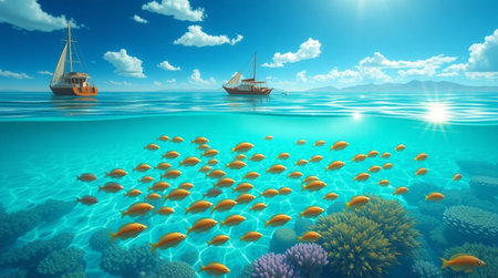 sailing boat in the sea with coral reef and fish - 3d renderの写真素材