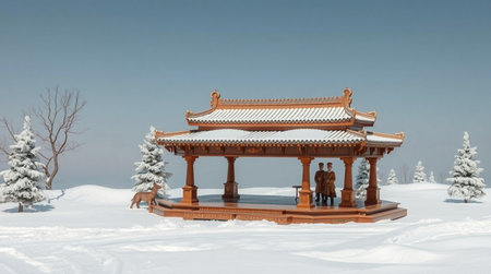 3d illustration of a traditional chinese pavilion in the snowの写真素材