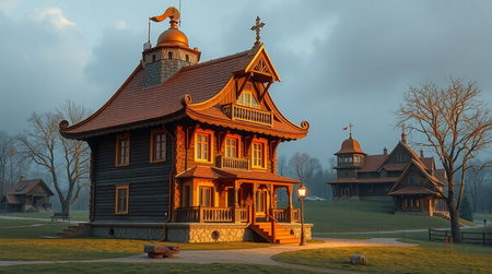 Old wooden house in the park at dusk. Poland, Europe.の写真素材