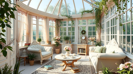 3D render of a beautiful interior of a living room with a large windowの写真素材